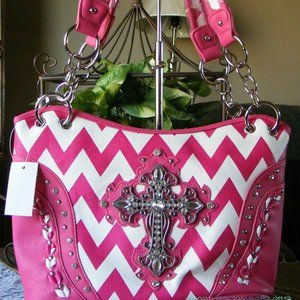 Chevron Fuchsia Crystal Accents Cross Zigzag Bag